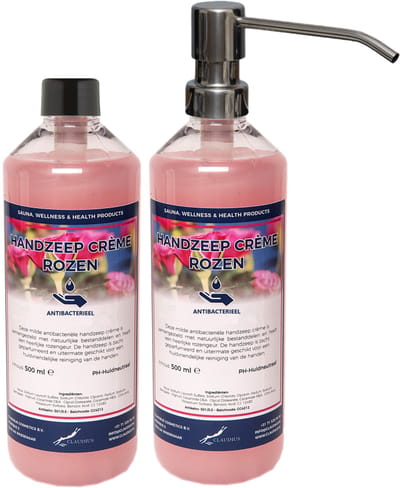 Handzeep Crème Rozen 500 ml - set van 2 stuks - met gratis RVS zilverkleurige pomp - Voordeelverpakking