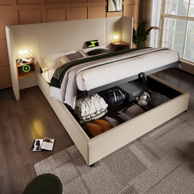SINGULARITY-Gestoffeerd tweepersoonsbed 160x200 met nachtkastje- leeslamp en USB Type-C- bedkast met opbergruimte- beige- linnen- zonder matras