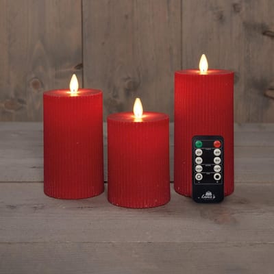 Anna's Collection LED kaars flame effect ribbel set 7.5 cm rood 3 stuks