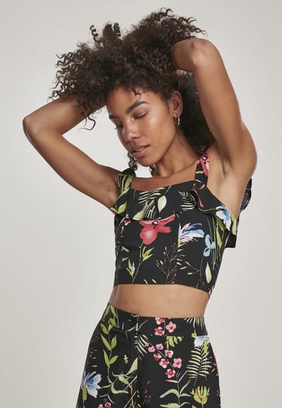 Urban Classics - Flowers Crop top - Bloemen - XS - Zwart