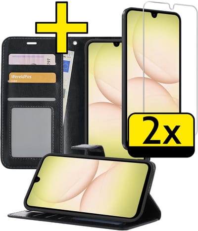 Hoesje - Met 2x Screenprotector - Geschikt voor Samsung Galaxy A17 - Luxe Pasjeshouder - Bookcase Portemonee - Flip Case - Kunstleer Book Case - Flipcase Hoes - Book Cover - Walletcase - Portemonneehoes - Telefoonhoesjes - Zwart
