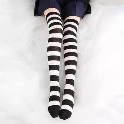 Bas rayés Lolita Rose/Bleu/Noir pour Femmes Jolies Chaussettes Longues Mi-mollet pour Écolières Cosplay Anime Étudiant One Size white