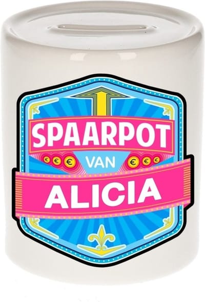 Bellatio Decorations Kinder spaarpot met naam - Alicia - keramiek - met dop - wit - Sparen - Spaargeld van Alicia