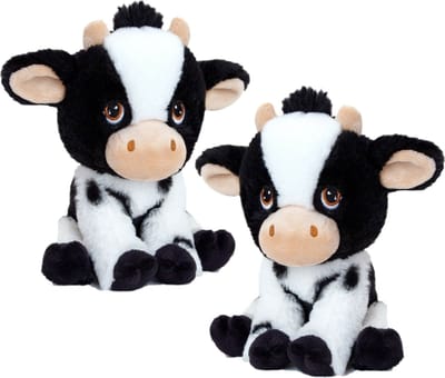 Keel Toys pluche knuffel Koe - 2x stuks - zwart/wit - 18 cm - knuffeldieren van de boerderij