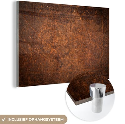 MuchoWow® Glasschilderij 150x100 cm - Schilderij acrylglas - Leer - Structuur - Bruin - Oranje - Foto op glas - Schilderijen