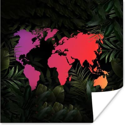 Poster 30x30 cm - Wereldkaart - Kleuren - Bladeren - Posters - Kamer decoratie - Wanddecoratie woonkamer - Muurdecoratie slaapkamer