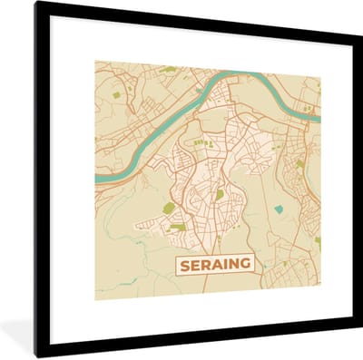 Fotolijst incl. Poster - Vintage - Kaart - Seraing - Plattegrond - Stadskaart - 40x40 cm - Posterlijst