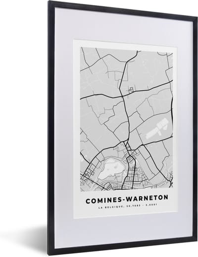 Fotolijst incl. Poster Zwart Wit- Zwart Wit – België – Plattegrond – Stadskaart – Kaart – Comines Warneton - 40x60 cm - Posterlijst