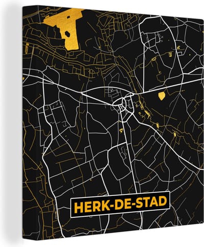Canvas Schilderij Herk-De-Stad - Plattegrond - Gold - Kaart - Stadskaart - 20x20 cm - Wanddecoratie