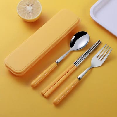 Ensemble de couverts en acier inoxydable 3 pièces/ensemble cuillère fourchette baguettes ensemble avec boîte étui couverts de voyage jaune