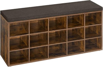 Schoenenbank Schoenenrek Opbergkast met 15 open vakken en zacht, comfortabel kussen Max. belasting 200 kg Geschikt voor hal en slaapkamer 30 x 105 x 48 cm bruin