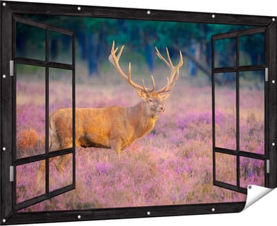 Gards Tuinposter Doorkijk Hert in de Weide tijdens Zonsondergang - 180x120 cm - Tuindoek - Tuindecoratie - Wanddecoratie buiten - Tuinschilderij