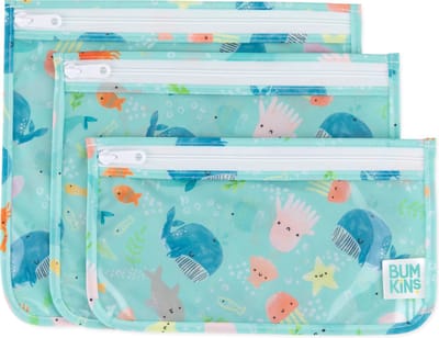 Bumkins Clear Front Travel Bags - Reistasjes met Doorzichtig Venster - Set van 3 in 3 Formaten - Toilettasje, Make-up Etui en Reis Organizer - Met Rits - Waterdicht - Ocean Life Zeedieren - Aqua Blauw