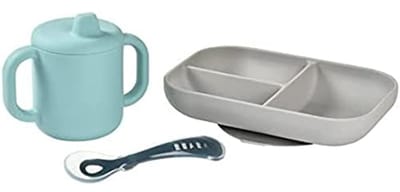 Siliconen eetset voor baby's - 3-delige set met verdeeld bord, beker en lepel, duurzaam en geschikt voor vaatwasser en magnetron, blauw