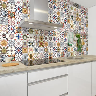 Zelfklevende tegelmuurstickers voor keuken en badkamer - 60 cementtegelstickers (Azulejos Tinea) - 60 stickers, 20x20cm