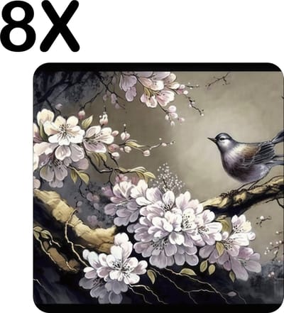Luxe Placemat - Chinese Kunst met Vogel en Kersenboom - Set van 8 Placemats - 50x50 cm - 2 mm dik Vinyl - Anti Slip - Afneembaar