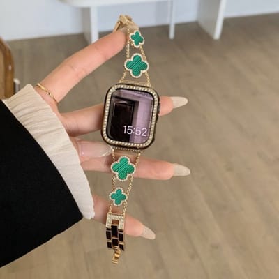 MY PROTECT - Luxe Metalen Clover Lucky Green Bandje - Geschikt Voor Apple Watch Bandje - Series 1/2/3/4/5/6/7/8/9/10/SE - 38mm - 40mm - 41mm - 42mm - Goud