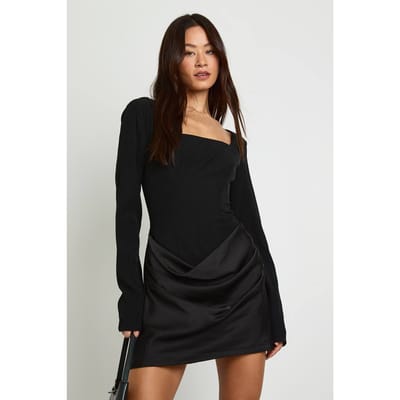 boohoo Dames Lang satijn draperende minijurk met lange mouwen | Zwart | Maat: 40