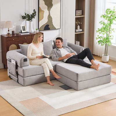 DESMIU Zitbank 200 Cm - Modulair Met Hocker En Zijvak - Vrij Combineerbaar Voor Woonkamer En Appartement - Cord Lichtgrijs