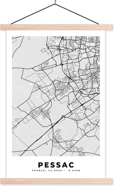Posterhanger incl. Poster 40x60 cm - Schoolplaat - Frankrijk - Pessac - Stadskaart - Plattegrond - Kaart - Textielposter - Blanke latten - Stadskaart