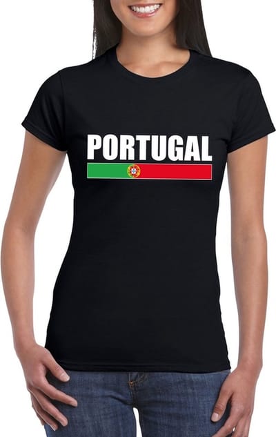 Portugal supporters kleding t-shirt - voor dames - zwart - met vlag kleuren print - korte mouwen XL