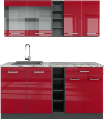 Vicco R-Line Eenpersoonskeuken – 160 cm, WB Marmer Rood hoogglans/antraciet