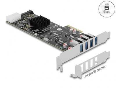 Delock PCI Express x4 Card to 4 x external SuperSpeed USB 5 Gbps (USB 3.2 Gen 1) USB Type-A female Quad Channel - Low Profile Form Factor