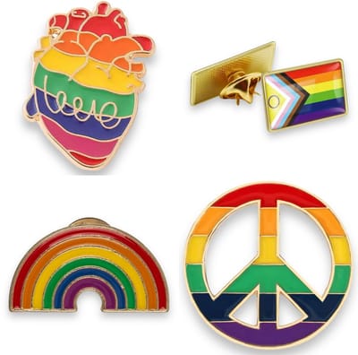 Regenboog Pride Pins – Set van 4 | Inclusief Anatomisch Hart “Love”, Progress Pride Vlag, Regenboogboog & Peace-Teken
