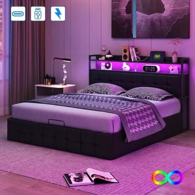 Tweepersoonsbed 140x200 cm Zwart PU met Opbergruimte, LED-verlichting, USB-poorten en Stopcontacten