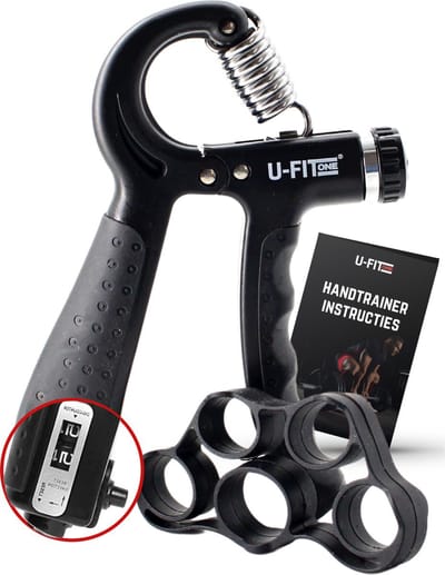 U Fit One Teller Handtrainer 10 tot 60kg - Verstelbare Handgrip - Handknijper - Vingertrainer - Onderarm Grip Trainer - Zwart - Inclusief Ebook