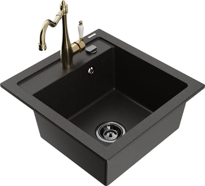 Mexen Vito granieten spoelbak 1-komers met keukenmengkraan Carla, zwart/goud metallic - 6503-75-670700-50-B