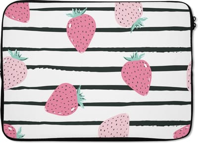 Laptophoes 14 inch - Zomer - Aardbeien - Pastel - Laptop sleeve - Binnenmaat 33x23 cm - Zwarte achterkant