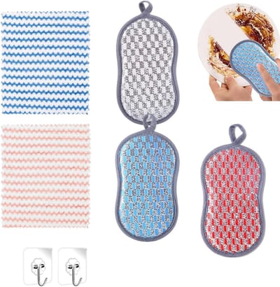 Set van 3 Herbruikbare Microvezel Sponsen voor Keuken, Pannen en Bestek met 2 Doeken en 2 Haakjes