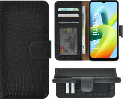 MoDo hoesje Geschikt voor Xiaomi Redmi A1/ Redmi A2 - Echt Leer Book Case - Croco Zwart