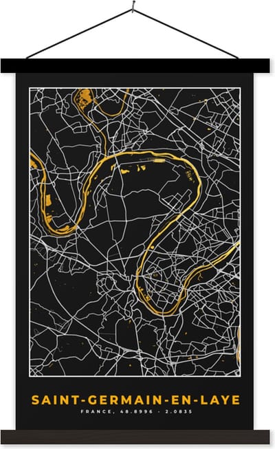 Posterhanger incl. Poster 40x60 cm - Schoolplaat - Kaart - Plattegrond - Frankrijk - Saint-Germain-en-Laye - Stadskaart - Textielposter - Zwarte latten - Stadskaart