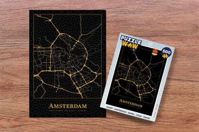 Puzzel Kaart - Amsterdam - Simpel - Goud - Zwart - Legpuzzel - Puzzel 500 stukjes