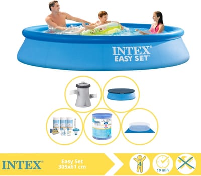 Intex Rond Opblaasbaar Easy Set Zwembad - 305 x 61 cm - Blauw - Inclusief Pomp - Afdekzeil - Onderhoudspakket - Filter - Grondzeil - 6-delig
