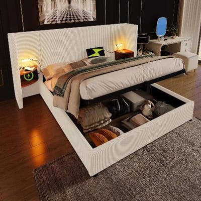 BLACKCOLORS Bed 180×200 cm met beklede opbergruimte, nachtkastje, leeslamp en USB Type-C Corduroy Beige-Wit
