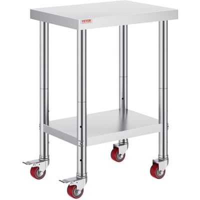Table de travail en acier inoxydable pour la restauration 24x18 pouces Table de cuisine commerciale avec 4 roulettes Plan de travail pour la préparation des aliments avec étagère réglable