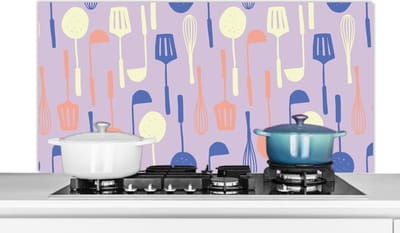 Spatscherm keuken 120x60 cm - Kookplaat achterwand Patronen - Keukengerei - Spatel - Garde - Muurbeschermer - Spatwand fornuis - Hoogwaardig aluminium