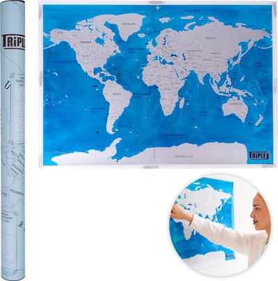 Triple J® Kras Wereldkaart – Scratch Map Wereldkaart – Kraskaart Reizen – 82,5x59,4 cm – Inclusief Beschermkoker – Blauw