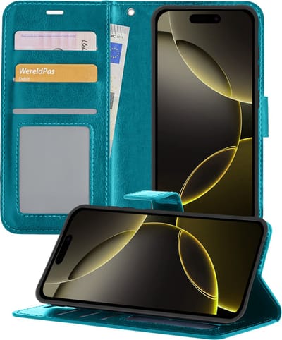 Hoesje - Met Pasjeshouder - Geschikt voor Apple iPhone 16 Pro - Luxe Bookcase Portemonee - Flip Case - Kunstleer Book Case - Flipcase - Book Cover - Walletcase - Portemonneehoes - Telefoonhoesjes - Turquoise