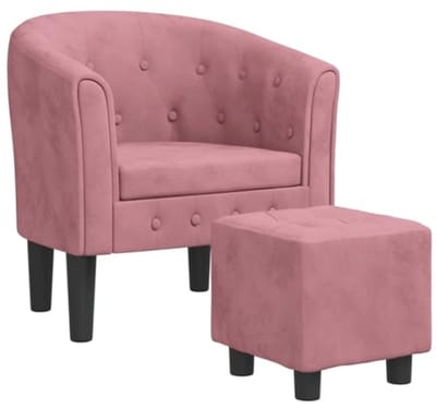 Moderne fauteuil met poef in zacht roze velvet