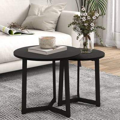 MODFU Nestbare 2-delige salontafelset Ø48/Ø40 cm – zwart stalen frame, melamine blad, tot 35 kg