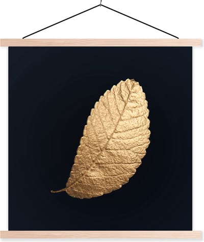 Posterhanger incl. Poster 60x60 cm - Schoolplaat - Goud - Bladeren - Zwart - Planten - Luxe - Natuur - Textielposter - Blanke latten