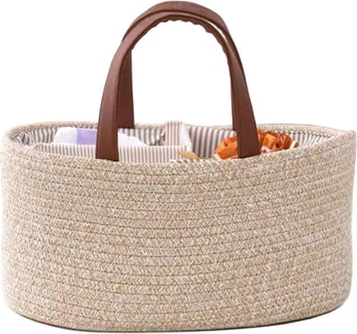 Stijlvolle Baby Luier Organizer, Bohemian Katoenen Opbergmand voor Nursery, Draagbare Luier Caddy met Verwijderbare Inzetstukken, Perfect voor Babyshower en Autogebruik, 38 x 25 x 18cm (Bruin)