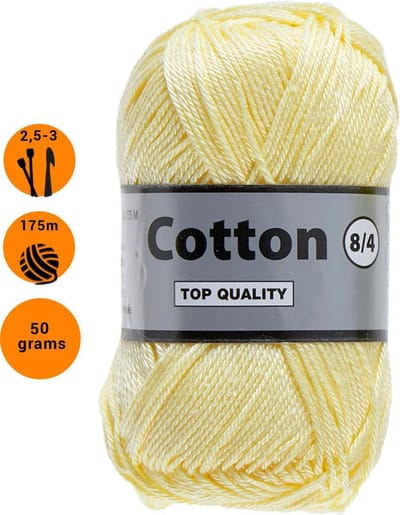 Lammy yarns Cotton eight 8/4 dun katoen garen - zacht geel (843) - pendikte 2,5 a 3mm - 1 bol van 50 gram