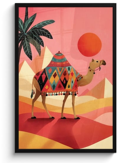 Poster in lijst - Fotolijst 60x90 cm - Posters - Kameel - Pyramides - Rode zon - Posterlijst zwart - Decoratie - Wanddecoratie woonkamer - Muurdecoratie slaapkamer