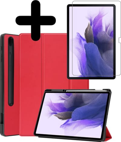 Hoes - Geschikt voor Samsung Galaxy Tab S7 FE - Met Screenprotector - Trifold Bookcase - Hard Cover Case - Met Uitsparing Geschikt voor S Pen - Hardcover Book - Tablet Hoesje - Rood