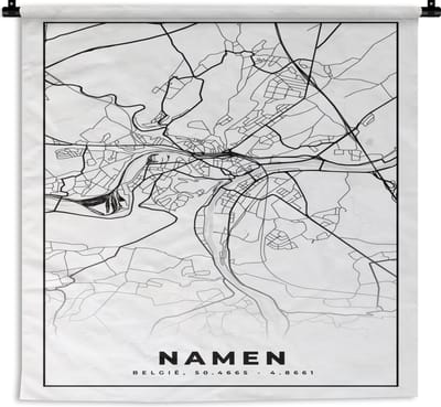 Wandkleed - Wanddoek - Stadskaart – Plattegrond – België – Zwart Wit – Namen – Kaart - 180x180 cm - Wandtapijt